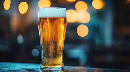 A cold glass of beer in focus with a blurred background, space around for captions or messages.の素材