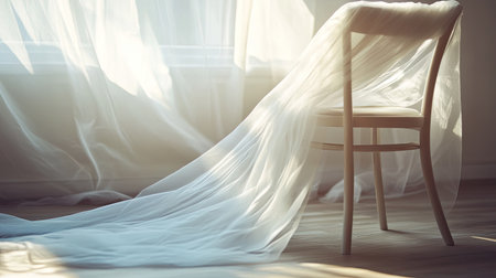 A bridal veil draped over a chair with soft light in the background. Clear space for textの素材