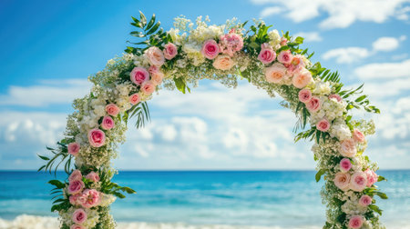 A wedding arch decorated with flowers by the beach, clear space for copy.の素材
