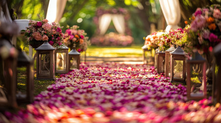A wedding aisle decorated with petals and lanterns, leading to a flower-covered altar. Space for copy.の素材