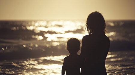 The silhouette of a mother and child at the beach, facing the ocean, soft waves in the background. Plenty of copy spaceの素材