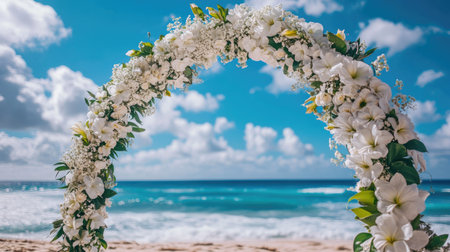 A wedding arch decorated with white flowers, with a beach in the background. Ample copy space.の素材