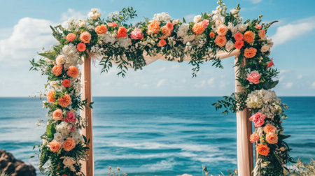 A wedding arch decorated with flowers by the beach, clear space for copy.の素材