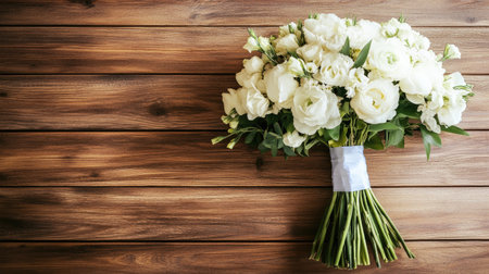 A white bridal bouquet placed on a wooden table, with clear space for copyの素材