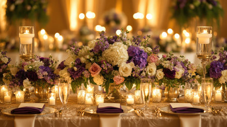 Beautifully decorated wedding reception table, with floral centerpieces and candles. Ample room for textの素材