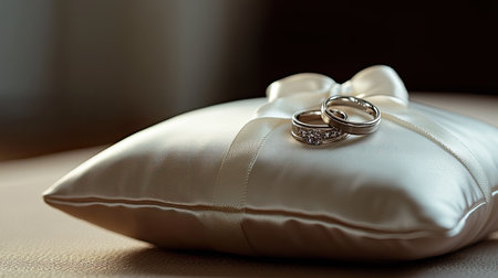 Close-up of wedding rings resting on a satin pillow, soft natural lighting, with space for copyの素材