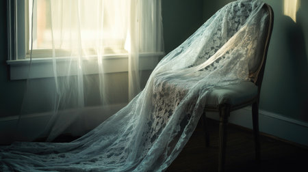 A lace bridal veil draped over a chair, soft light coming through the window, with space for text.の素材