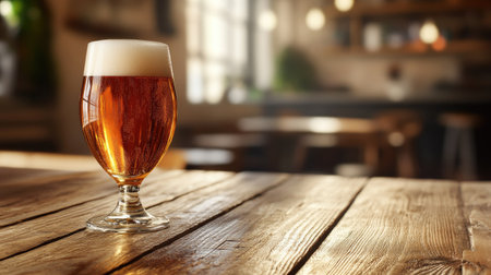 Glass of beer placed on a wooden table with a blurred background. Space on either side for textの素材