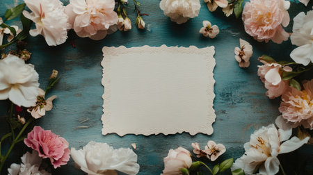 Wedding invitations on a table surrounded by delicate flowers, with ample space for a messageの素材