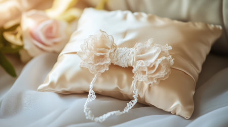 A delicate wedding garter placed on a satin pillow, soft lighting, with room for copy.の素材