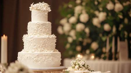 A white wedding cake with intricate details, placed on a table with ample space for a messageの素材