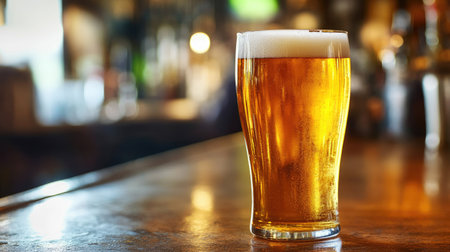 Close-up of a full pint of beer on a bar counter, golden hue, and copy space to the side for writingの素材