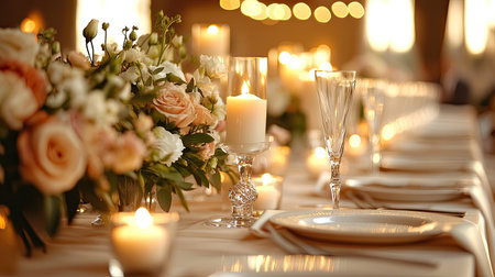 A beautifully set wedding reception table with candles and flowers, plenty of copy space available.の素材