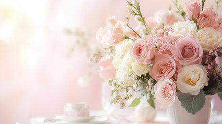 Floral arrangement at a wedding reception table, soft pastel background, with room for textの素材