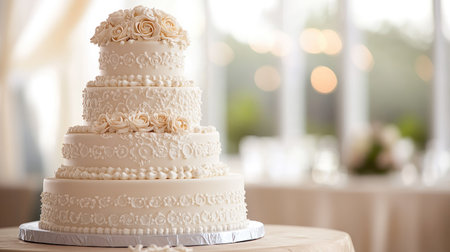 Elegant wedding cake with intricate details, placed on a table, with clean space for copyの素材