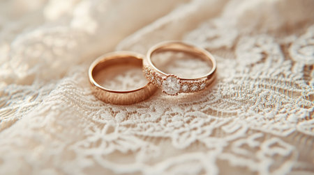 Wedding rings on a lace background, with soft natural lighting and space for textの素材