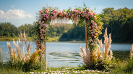 Simple wedding altar decorated with flowers in an outdoor setting, ample copy spaceの素材