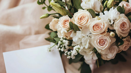 Beautiful wedding bouquet placed beside wedding invitations, space for a messageの素材