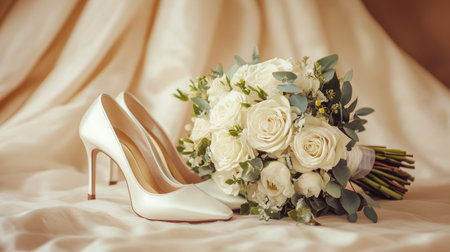 Bridal shoes and bouquet placed on a soft fabric, with clear background for copyの素材
