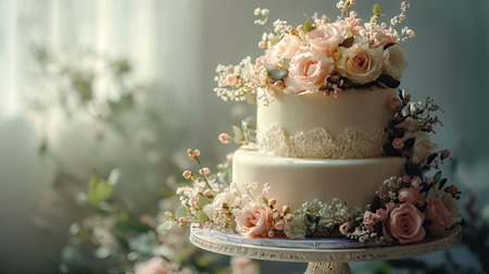 Elegant wedding cake with floral details, soft lighting, and room for text or brandingの素材