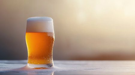 A frosty glass of beer with a thick foam head, light in the background, leaving room for textの素材