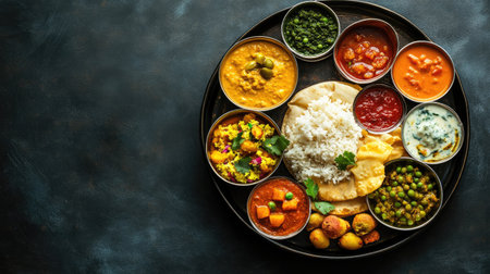 Top view of a thali meal with multiple Indian side dishes, perfect for adding textの素材