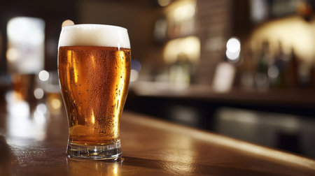 Close-up of a full pint of beer on a bar counter, golden hue, and copy space to the side for writingの素材