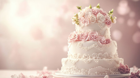 Elegant wedding cake with intricate details, with soft pastel background and space for textの素材