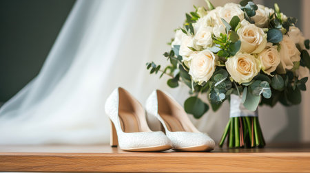 White bridal shoes placed beside a bouquet on a wooden table, with clean background for copy spaceの素材