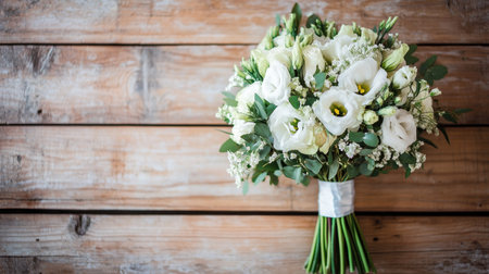 A white bridal bouquet placed on a wooden table, with clear space for copyの素材