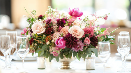 Floral arrangements on a wedding reception table, with space for a message or brandingの素材