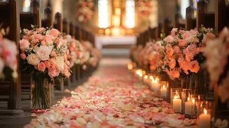 Wedding aisle lined with flowers and candles, leading to a simple altar, with space for textの素材
