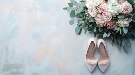 Top view of bridal shoes placed beside a bouquet, with clean background for textの素材