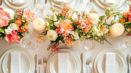 Top view of an elegant wedding table setting with flowers, plates, and candles, with room for copyの素材