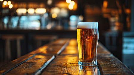 Glass of beer placed on a wooden table with a blurred background. Space on either side for textの素材
