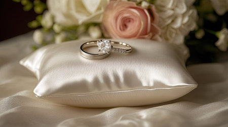Wedding rings on a satin pillow with a bouquet in the background. Ample copy space availableの素材