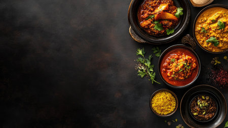 Indian feast featuring a range of dishes with space around the image for text or copyの素材