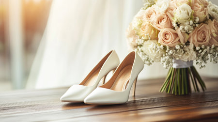 White bridal shoes placed beside a bouquet on a wooden table, with clean background for copy spaceの素材
