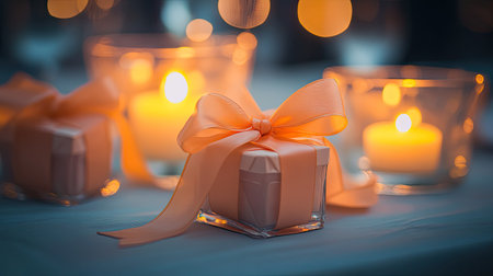 Wedding favors tied with ribbons placed on a table, with soft lighting and room for textの素材