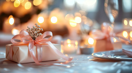 Wedding favors tied with ribbons placed on a table, with soft lighting and room for textの素材