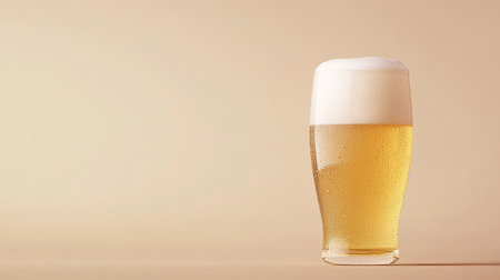 A frothy glass of beer on a simple background, with open space for placing captions or promotional text.の素材