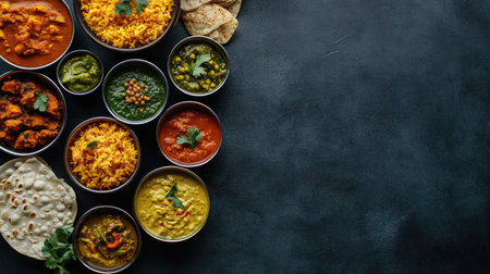 Flat lay of Indian food with different side dishes, arranged neatly with clear space for textの素材