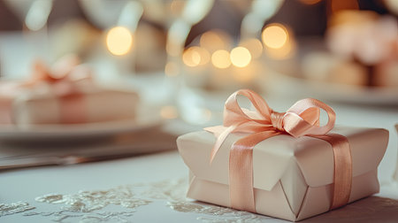 Wedding favors tied with ribbons placed on a table, with soft lighting and room for textの素材
