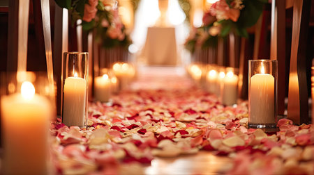 Wedding aisle decorated with flower petals and candles, leading to the altar. Ample copy spaceの素材