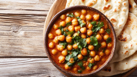 Close-up of flavorful chickpea curry in a bowl with fresh Indian bread on the side. Plenty of copy space for textの素材