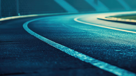Close-up of an empty track curve in a stadium, no athletes, soft lighting with room for textの素材