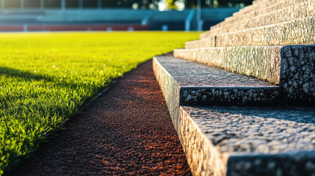 Close-up of stadium steps leading to the field, no people, with clean background and copy spaceの素材