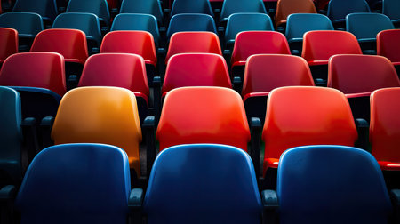 Close-up of empty stadium seats, vibrant colors, with ample copy space for text or brandingの素材