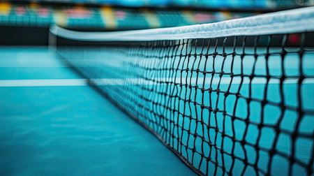 Empty tennis court in a stadium, close-up of the net, clean background with copy space for text or brandingの素材