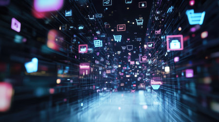 3D render of online shopping icons floating in a digital space, with wide copy spaceの素材